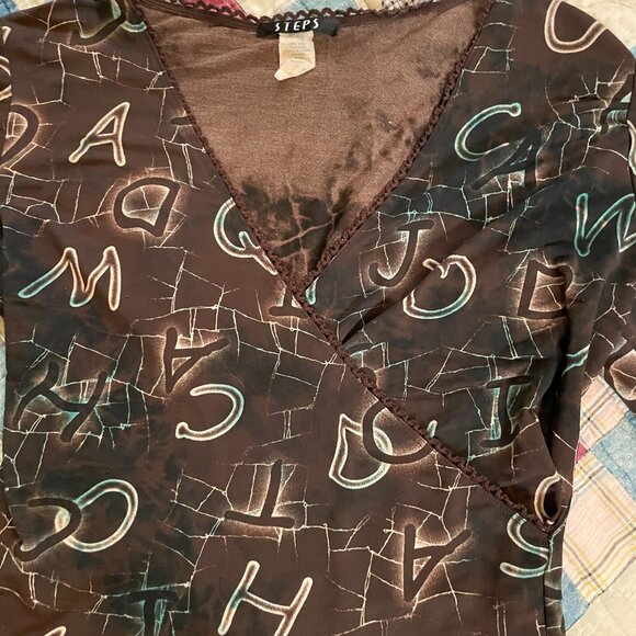 2000s y2k Steps Brand Deep V Wrap Alphabet Print Slinky Knit Bell Sleeve Large - Picture 12 of 16